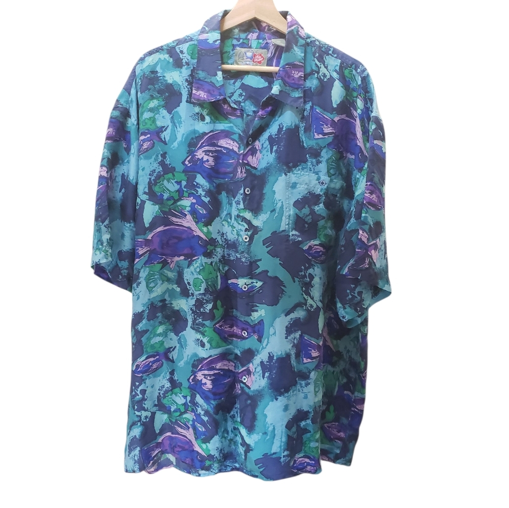 Hilo Hattie Shirt Button Up Silk Hawaii Vintage 90s Fish Resort Sheer Size 2XL